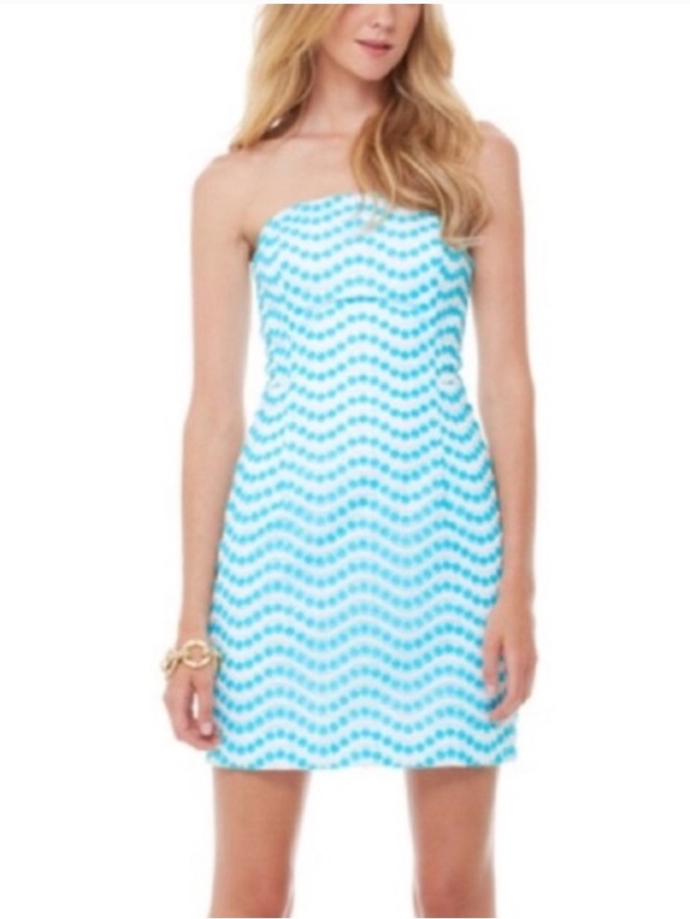 Lilly‎ Pulitzer Strapless Chevron Costal Leavens Dress in Shorely Blue SZ 4